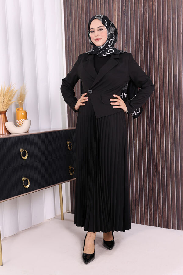 Ceket Görünümlü Eteği Piliseli Elbise 3700 Siyah - 1