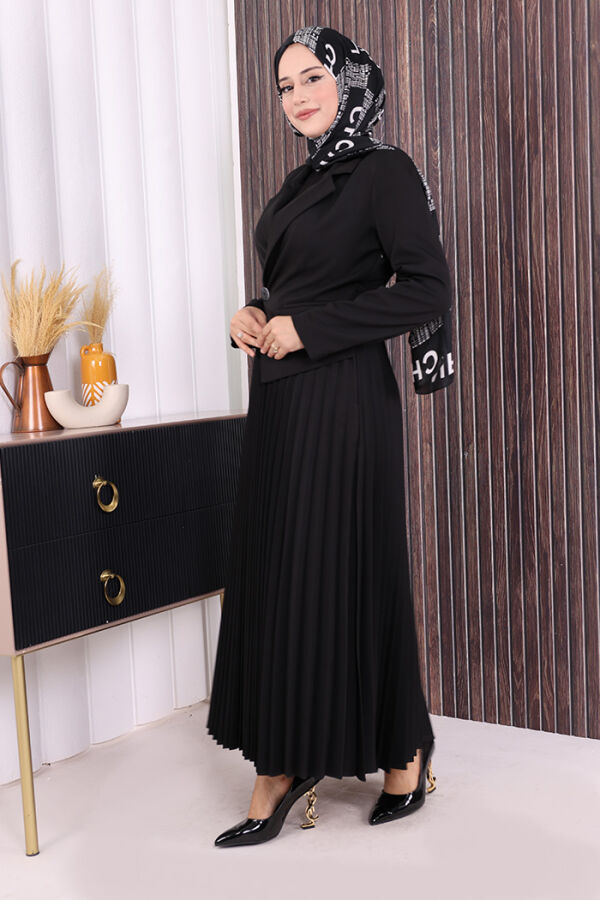 Ceket Görünümlü Eteği Piliseli Elbise 3700 Siyah - 2