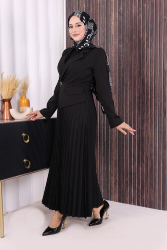 Ceket Görünümlü Eteği Piliseli Elbise 3700 Siyah - 3