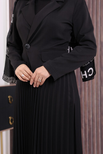 Ceket Görünümlü Eteği Piliseli Elbise 3700 Siyah - 6