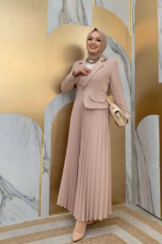 Ceket Görünümlü Eteği Piliseli Elbise 3700 Taş - Bym Fashion