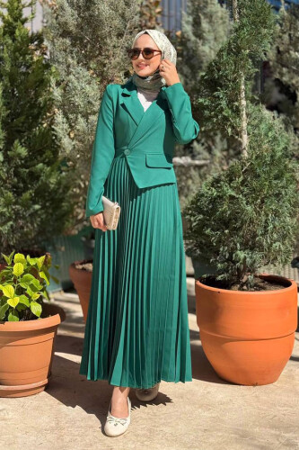 Ceket Görünümlü Eteği Piliseli Elbise 3700 Zümrüt - Bym Fashion