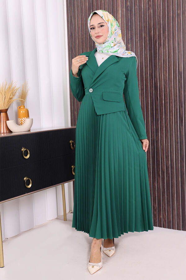 Ceket Görünümlü Eteği Piliseli Elbise 3700 Zümrüt - 1