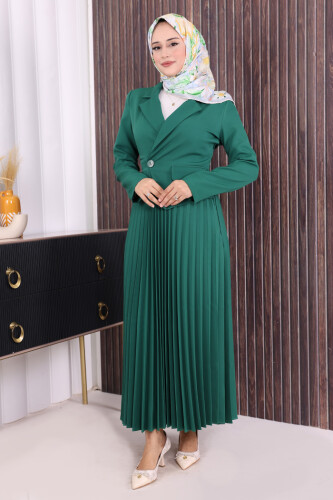 Ceket Görünümlü Eteği Piliseli Elbise 3700 Zümrüt - 2