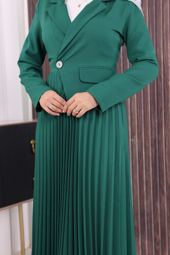 Ceket Görünümlü Eteği Piliseli Elbise 3700 Zümrüt - 4