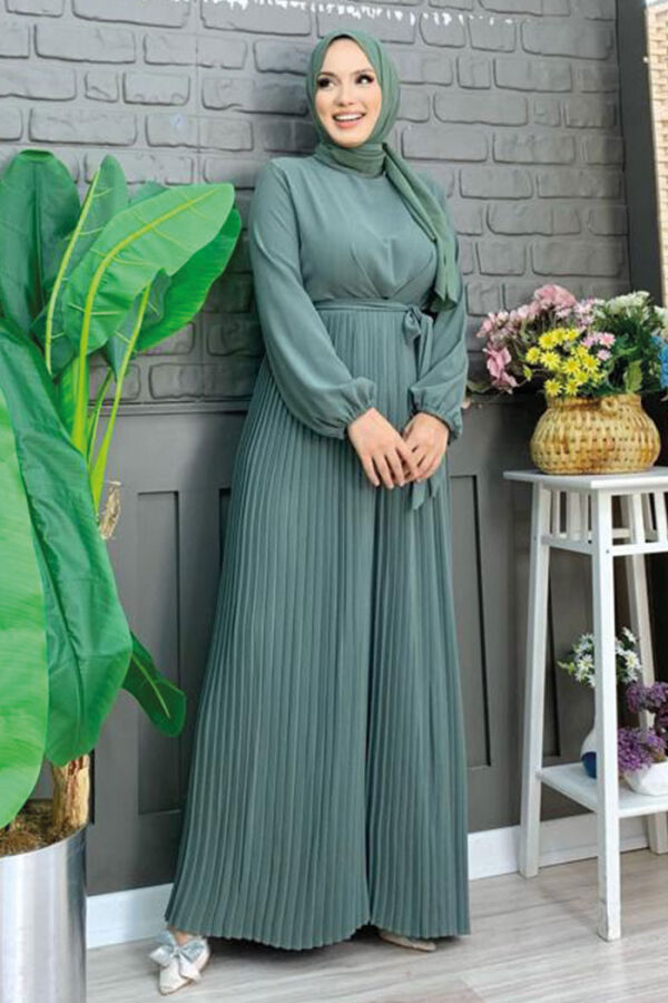 Eteği Pilise Detaylı Bel Kuşaklı Kol Manşetleri Lastikli Tulum 3704 Mint - 5