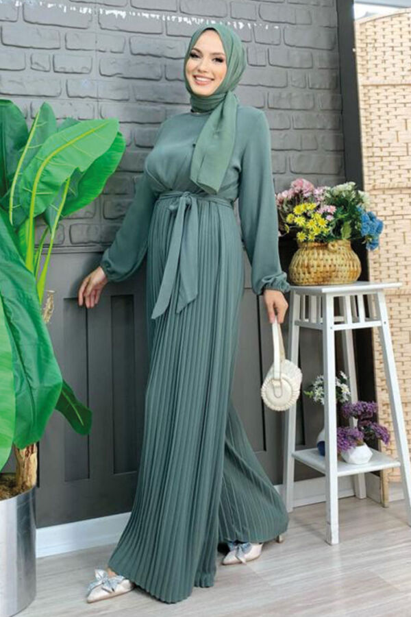 Eteği Pilise Detaylı Bel Kuşaklı Kol Manşetleri Lastikli Tulum 3704 Mint - 6