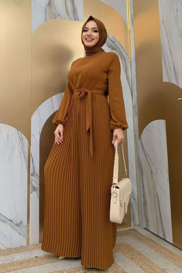 Eteği Pilise Detaylı Bel Kuşaklı Kol Manşetleri Lastikli Tulum 3704 Taba - 6
