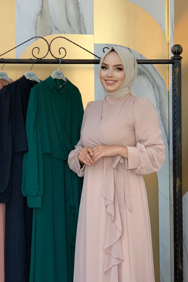 Fırfır Görünümlü Bel Kuşaklı Şifon Elbise 3719 Taş - 4