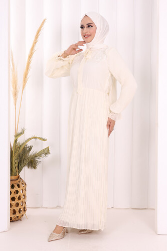 Piliseli Omuz Kısmı Dantel Görünümlü Yaka Detay Elbise 3726 Ekru - 2