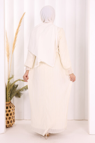 Piliseli Omuz Kısmı Dantel Görünümlü Yaka Detay Elbise 3726 Ekru - 3