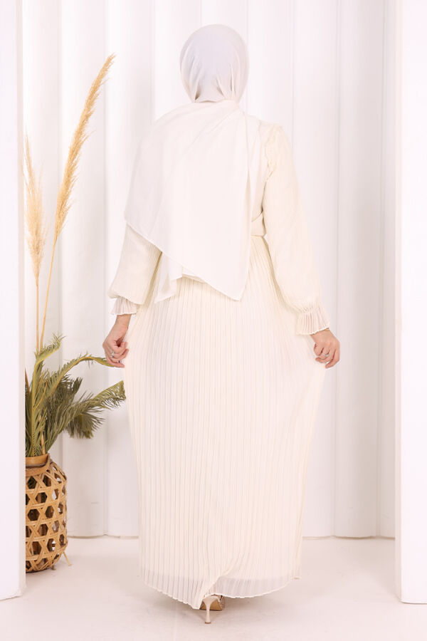 Piliseli Omuz Kısmı Dantel Görünümlü Yaka Detay Elbise 3726 Ekru - 3