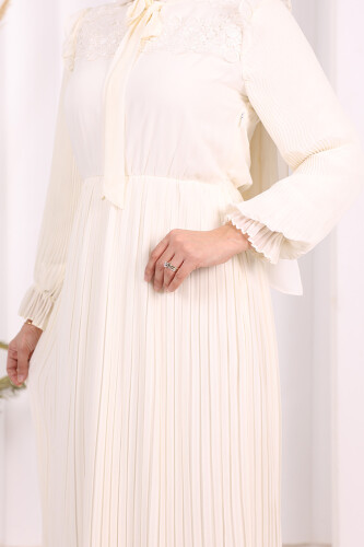 Piliseli Omuz Kısmı Dantel Görünümlü Yaka Detay Elbise 3726 Ekru - 5