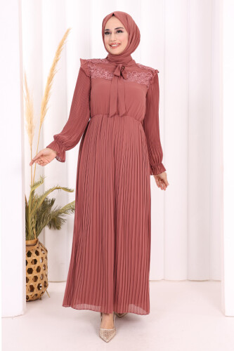 Piliseli Omuz Kısmı Dantel Görünümlü Yaka Detay Elbise 3726 Gül Kurusu - 2