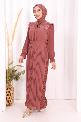 Piliseli Omuz Kısmı Dantel Görünümlü Yaka Detay Elbise 3726 Gül Kurusu - 3