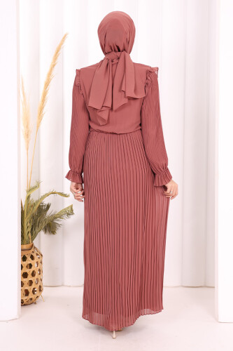 Piliseli Omuz Kısmı Dantel Görünümlü Yaka Detay Elbise 3726 Gül Kurusu - 4