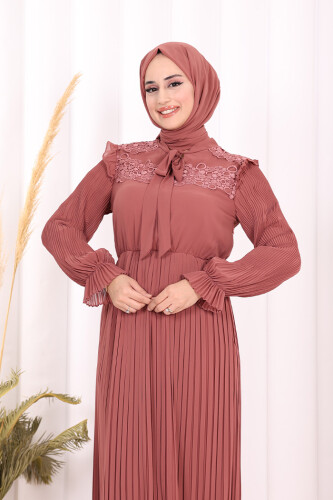 Piliseli Omuz Kısmı Dantel Görünümlü Yaka Detay Elbise 3726 Gül Kurusu - 5