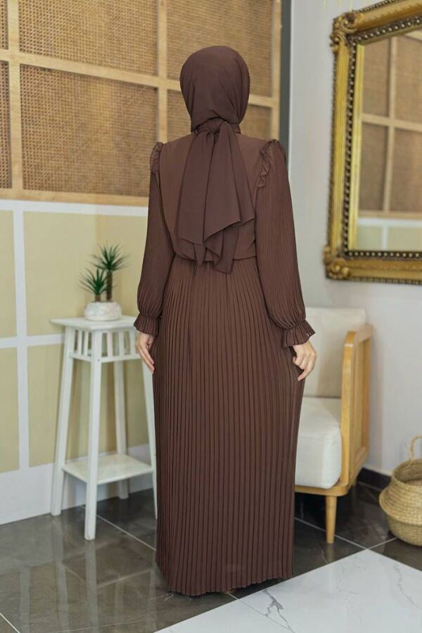 Piliseli Omuz Kısmı Dantel Görünümlü Yaka Detay Elbise 3726 Kahverengi - 2