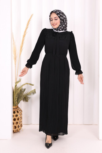 Piliseli Omuz Kısmı Dantel Görünümlü Yaka Detay Elbise 3726 Siyah - 2