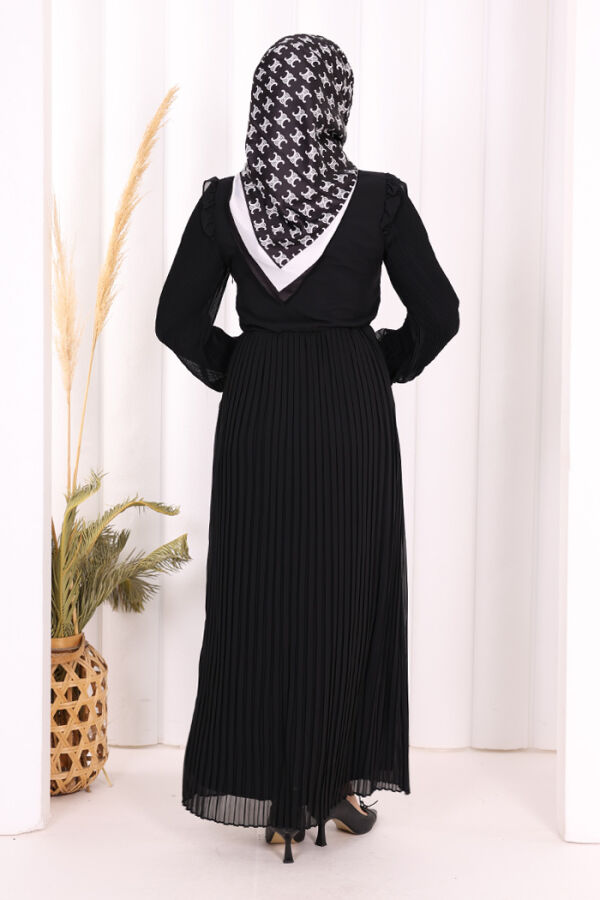 Piliseli Omuz Kısmı Dantel Görünümlü Yaka Detay Elbise 3726 Siyah - 5