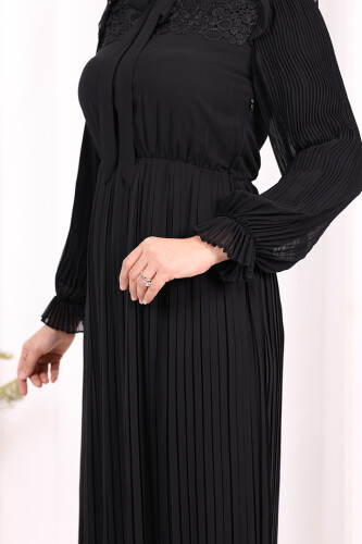 Piliseli Omuz Kısmı Dantel Görünümlü Yaka Detay Elbise 3726 Siyah - 7