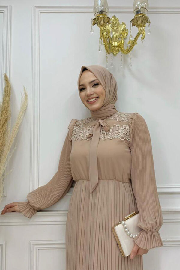 Piliseli Omuz Kısmı Dantel Görünümlü Yaka Detay Elbise 3726 Taş - 8