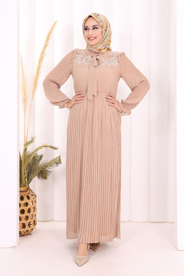 Piliseli Omuz Kısmı Dantel Görünümlü Yaka Detay Elbise 3726 Taş - 1