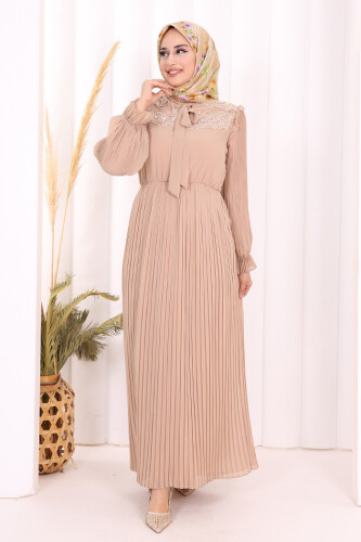 Piliseli Omuz Kısmı Dantel Görünümlü Yaka Detay Elbise 3726 Taş - 2