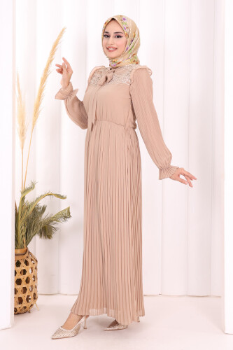 Piliseli Omuz Kısmı Dantel Görünümlü Yaka Detay Elbise 3726 Taş - 3