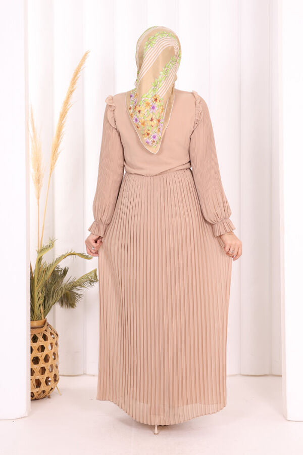 Piliseli Omuz Kısmı Dantel Görünümlü Yaka Detay Elbise 3726 Taş - 4