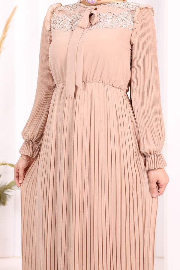 Piliseli Omuz Kısmı Dantel Görünümlü Yaka Detay Elbise 3726 Taş - 6