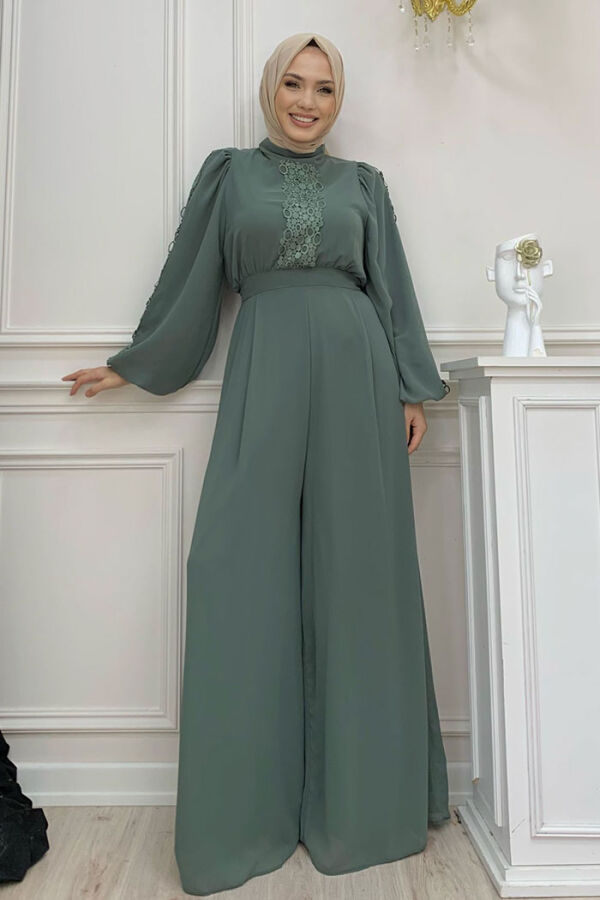 Dantel İşleme Detay Kol Manşetleri Lastikli Şifon Tulum 3730 Mint - 6