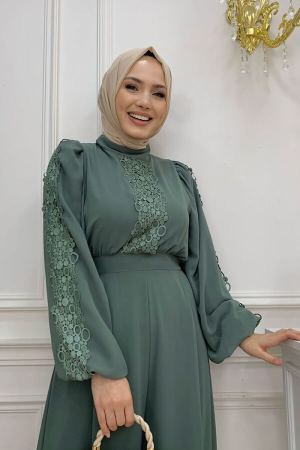 Dantel İşleme Detay Kol Manşetleri Lastikli Şifon Tulum 3730 Mint - 8