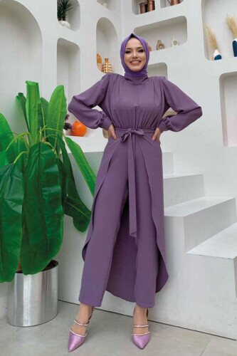 Parça Detaylı Omuzları Kat Detay Bel Kuşaklı Tulum 3742 Lila - Bym Fashion