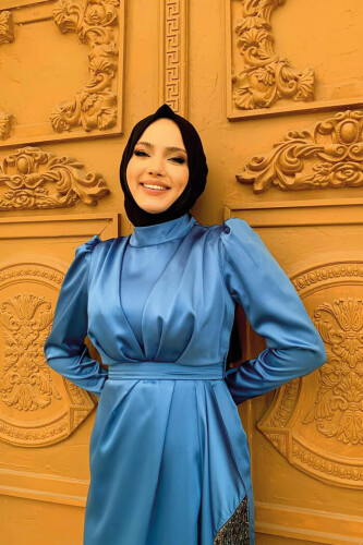 Etek Püskül Detay Kemer Aksesuarlı Saten Abiye Elbise 3763 İndigo - 7