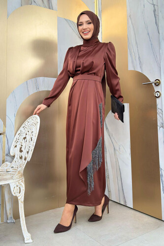 Etek Püskül Detay Kemer Aksesuarlı Saten Abiye Elbise 3763 Kahverengi - 6