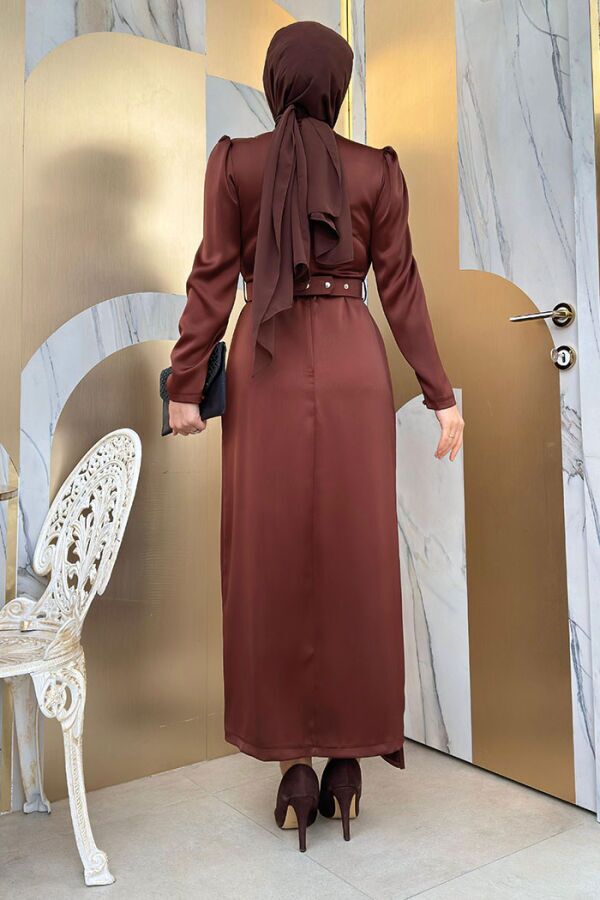 Etek Püskül Detay Kemer Aksesuarlı Saten Abiye Elbise 3763 Kahverengi - 7
