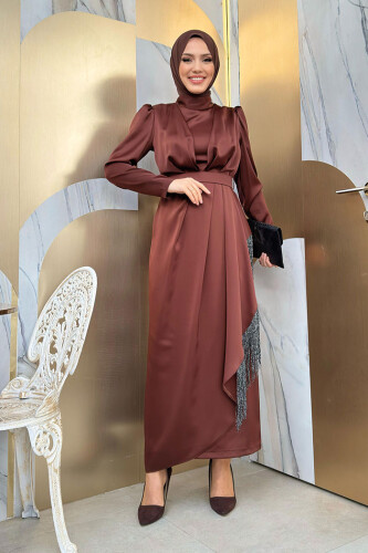 Etek Püskül Detay Kemer Aksesuarlı Saten Abiye Elbise 3763 Kahverengi - 2