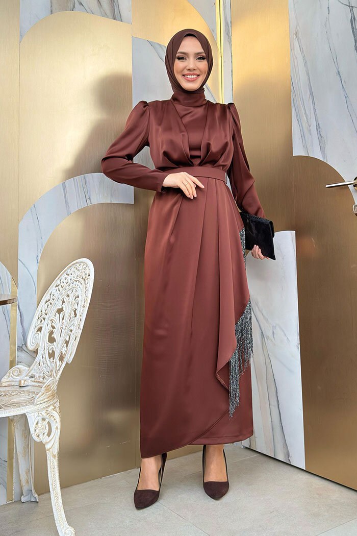 Etek Püskül Detay Kemer Aksesuarlı Saten Abiye Elbise 3763 Kahverengi - 2