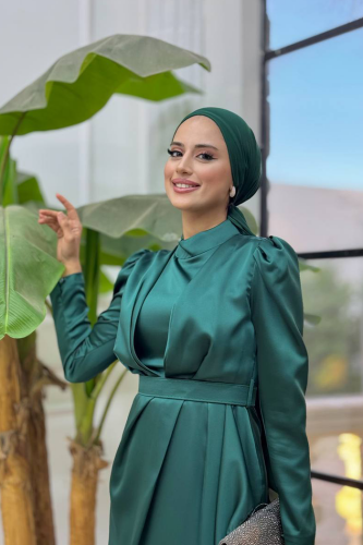 Etek Püskül Detay Kemer Aksesuarlı Saten Abiye Elbise 3763 Zümrüt - 4