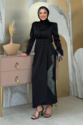 Skirt Tassel Detail Belt Accessory Satin Evening Dress 3763 Black 