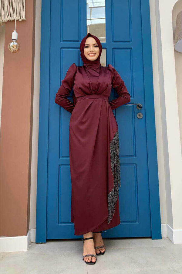Skirt Tassel Detail Belt Accessory Satin Evening Dress 3763 Claret Red - 1