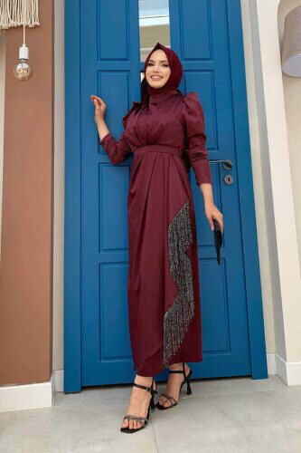Skirt Tassel Detail Belt Accessory Satin Evening Dress 3763 Claret Red - 2