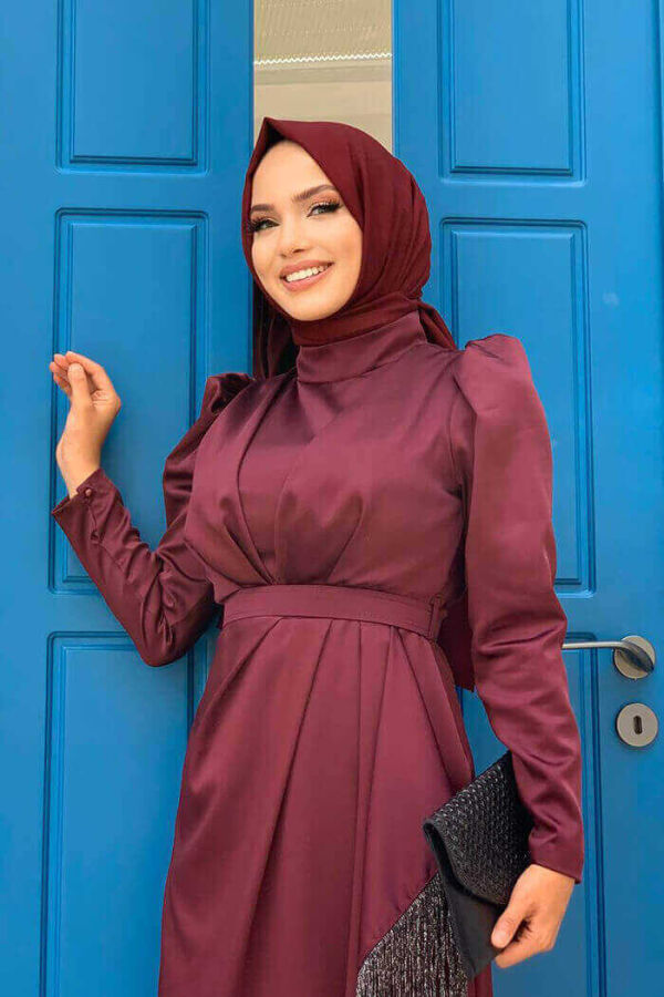 Skirt Tassel Detail Belt Accessory Satin Evening Dress 3763 Claret Red - 4
