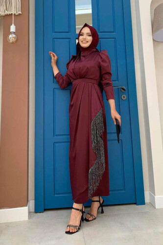 Skirt Tassel Detail Belt Accessory Satin Evening Dress 3763 Claret Red - 6