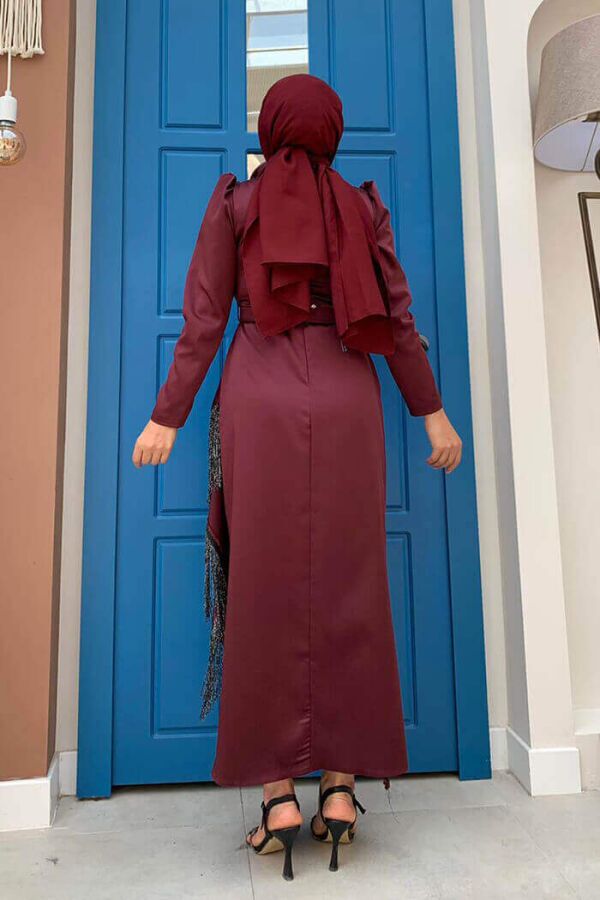 Skirt Tassel Detail Belt Accessory Satin Evening Dress 3763 Claret Red - 3
