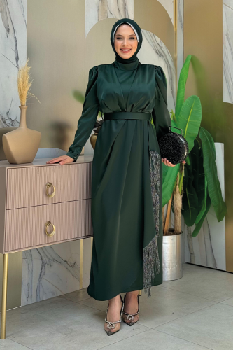 Skirt Tassel Detail Belt Accessory Satin Evening Dress 3763 Emerald 
