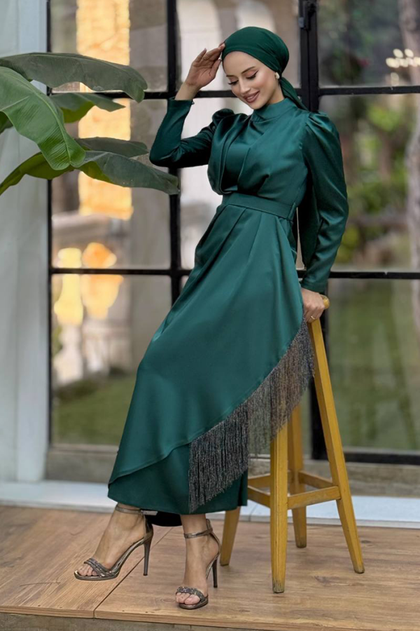 Skirt Tassel Detail Belt Accessory Satin Evening Dress 3763 Emerald - 3