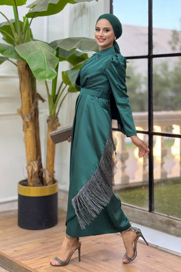 Skirt Tassel Detail Belt Accessory Satin Evening Dress 3763 Emerald - 2