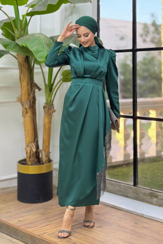 Skirt Tassel Detail Belt Accessory Satin Evening Dress 3763 Emerald 
